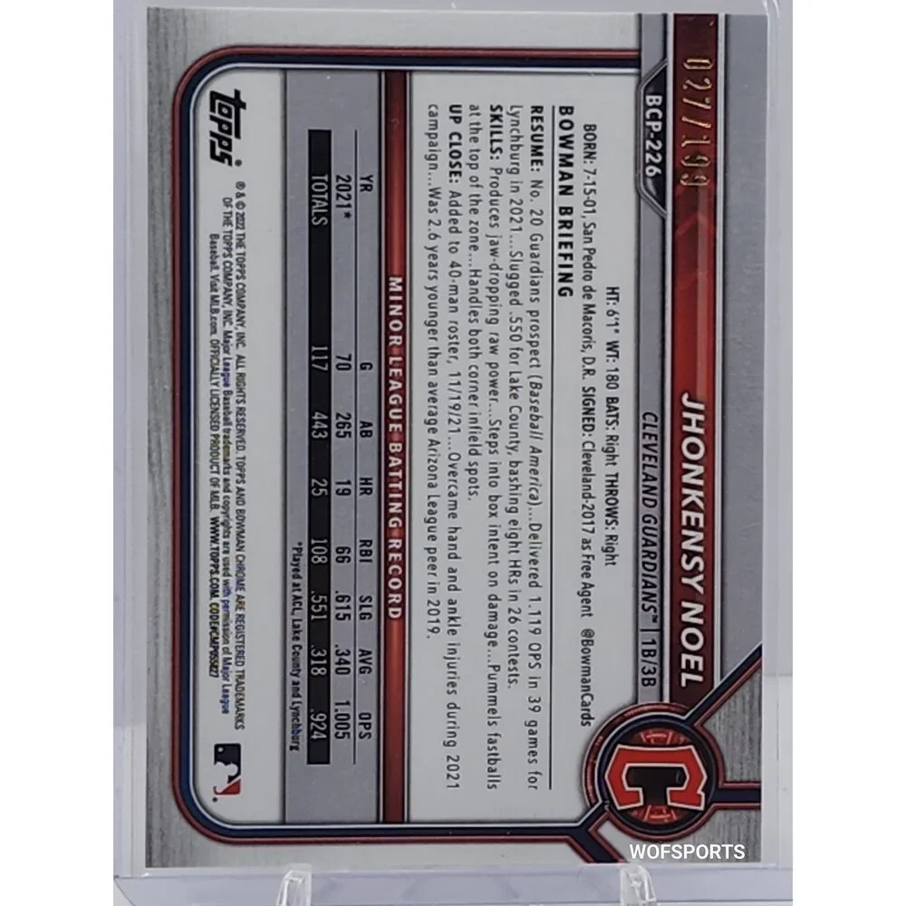 2022 Bowman Chrome Pink Shimmer Refractor /199 Jhonkensy Noel #BCP-226 Guardians